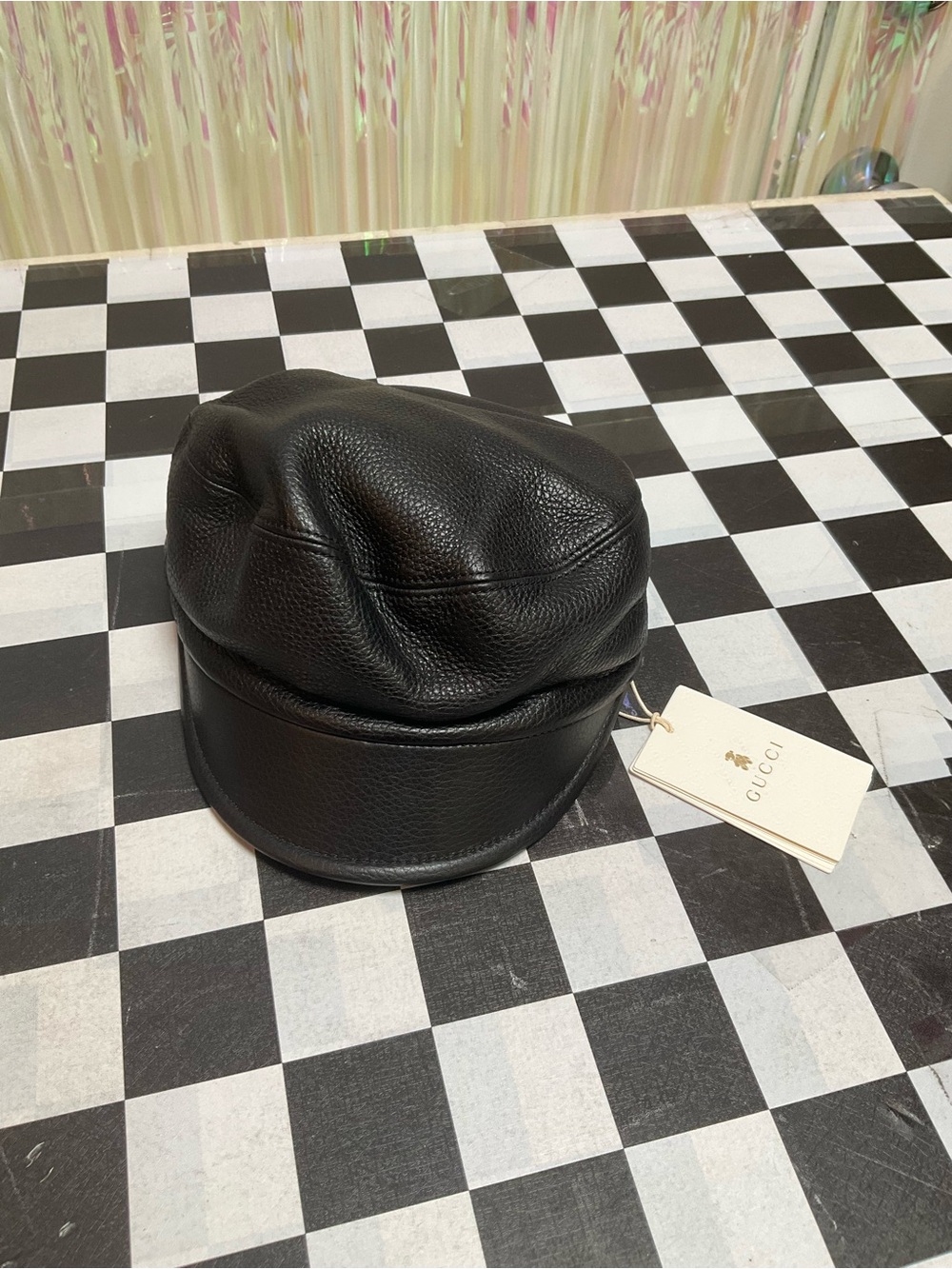 Gucci Black Pebbled Leather Baker Boy Cap